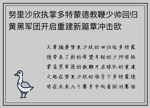 努里沙欣执掌多特蒙德教鞭少帅回归黄黑军团开启重建新篇章冲击欧 努里沙欣执掌多特蒙德教鞭少帅回归黄黑军团开启重建新篇章冲击欧